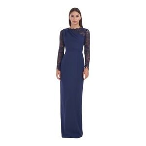 JS Collections navy Maria lace scallop long sleeve column gown NWOT